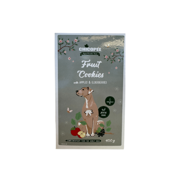 Hundegodbid - Chicopee Fruit Cookies – Æble & Hyldebær 400 gr. - FjeldgaardShop.dk Veganske hundesnacks Chicopee